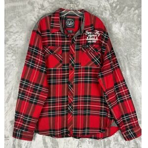 Born Fly Men's Plaid Flannel Shirt 3X Large Red Black Quilted Elbow Patches